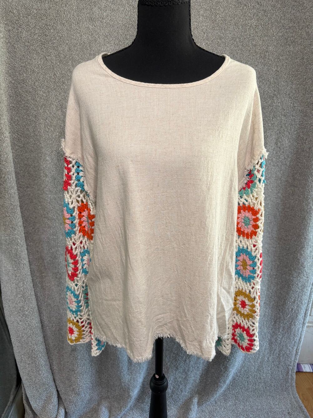 Mazik Linen Blend Granny Square Crochet Sleeve Top S Boho